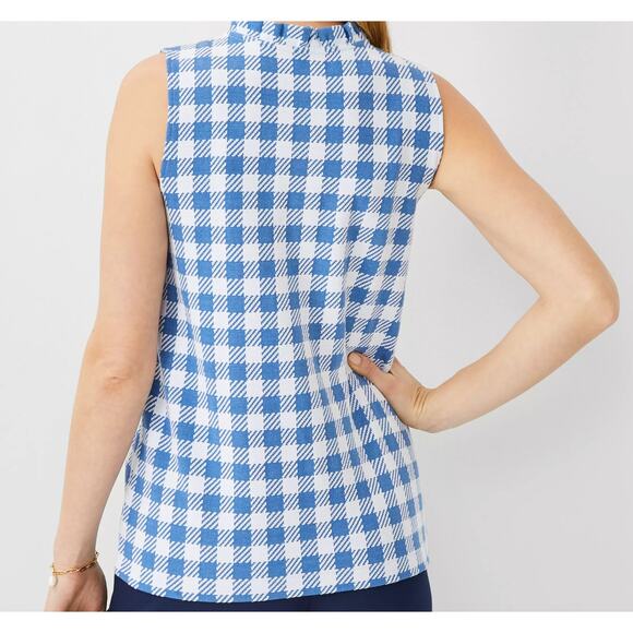 Ann Taylor Plaid Ruffle Neck Button Shell Top White Blue Checkered Sz M - Picture 10 of 10